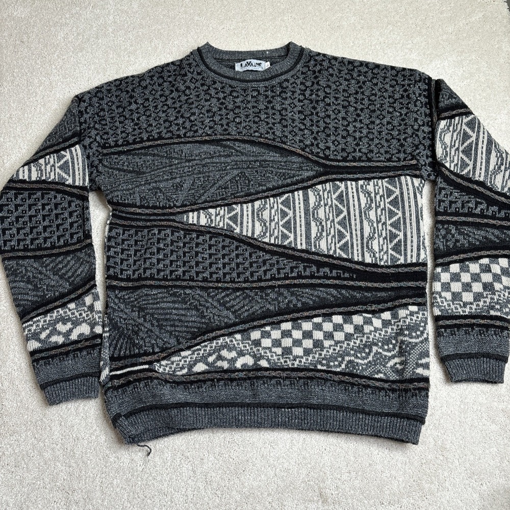 Vtg‎ Lavane NY 3D Knit Sweater Men's Large Tundra Gray Cosby Crewneck Grandpa